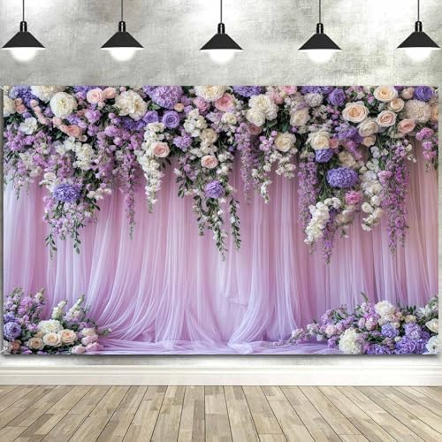 7x5ft Purple Lavender Floral Bridal Backdrop Wedding Flower Photography Backdrop for Girl Portrait Baby Shower Birthday Party Decor Banner Mother's Day Party Wall Backdrop Studio Photo Backgrounds - Image 3