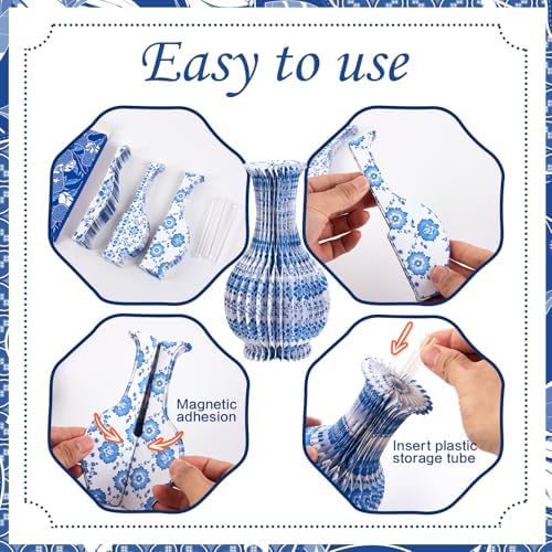 SUNBEAUTY 3 Pcs Blue and White Paper Honeycomb Vases, Mini Chinoiserie Vintage Paper Vase Set with Magnetic Closure, Chinese Style Table Centerpieces for Wedding,Baby Shower, Home & Party Decor - Image 3