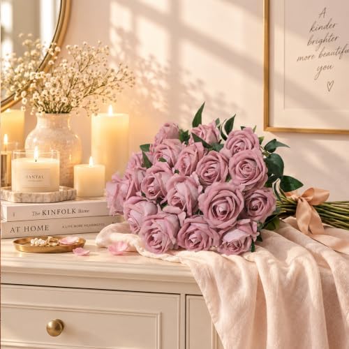 50 PCS Dusty Roses Artificial Flowers, Fake Roses with Stem Realistic Silk Roses for DIY Wedding Bouquets Tables Centerpieces Arrangements Baby Shower Birthday Home Decor Valentine's Day Gift for Her - Image 6