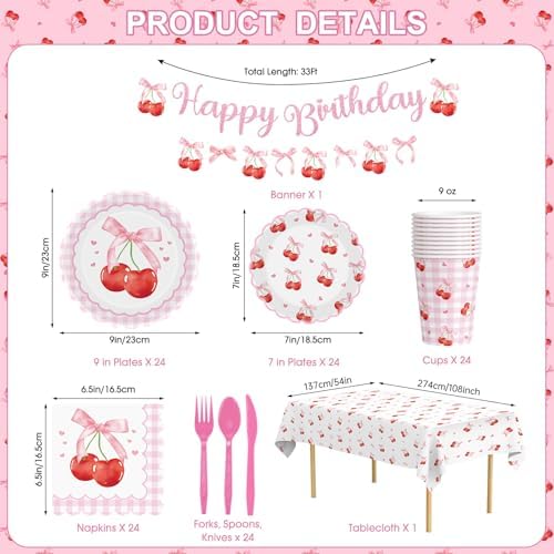 170 Pcs Cherry Birthday Decorations - Pink Bows Party Supplies Set, Happy Birthday Banner, Scalloped Paper Plates Napkins Cups, Plastic Tablecloth, Flatware for Coquette Cherry Bday Party Decoration - Image 3