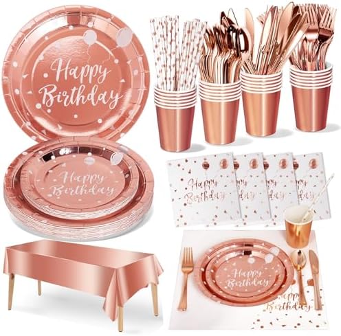 Nkaiso 161 Pcs Rose gold Birthday Plates and Napkins Set -20 Serves by Nkaiso