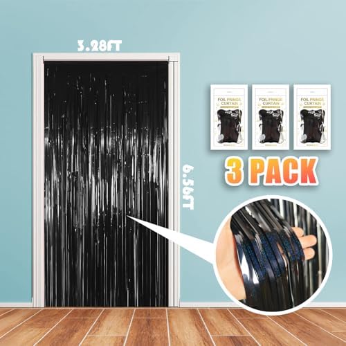 3 Pack 3.28ft x 6.56ft Glitter Black Tinsel Foil Fringe Curtains, Photo Booth Backdrop Party Decorations for Birthday Wedding Baby Shower Graduation Bachelorette New Years - Image 2