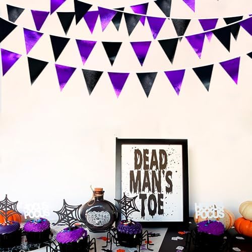 Purple and Black Party Decorations Metallic Fabric Triangle Pennant Banner Flag Bunting Garland for Graduations Birthday Retirement Wedding Baby Shower Bachelorette Halloween Outdoor Party Supplies - Image 5