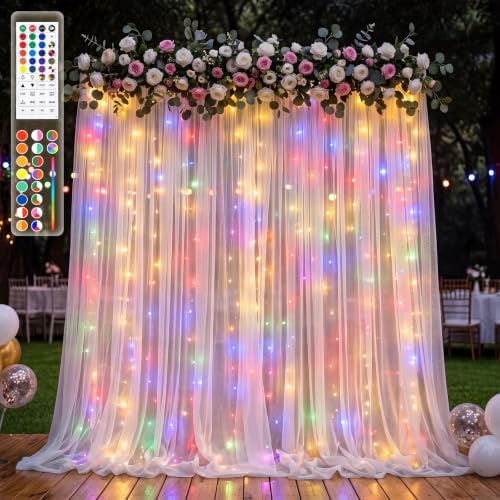 Ledido 10×8ft White Tulle Backdrop Curtains with RGB Lights, 2 Panels 5×8ft by Ledido