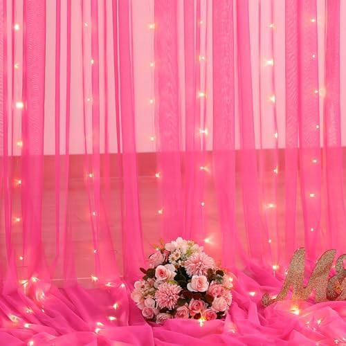 Hot Pink Tulle Backdrop Curtain with Lights for Parties 10x8ft Fuchsia Sheer Backdrop Curtains for Weddings Birthday Baby Shower Photo Shoot Background Decorations - Image 6