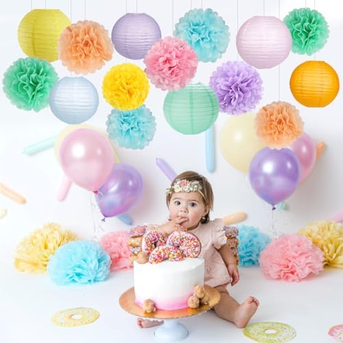 zilue Paper Lanterns and Paper Pom Poms Pastel Party Decorations 15pcs - Image 4