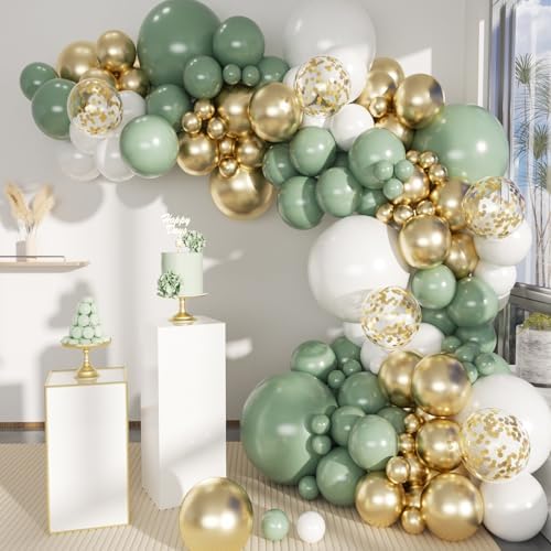 MEBAY Sage Green White Gold Balloon Garland Arch Kit, 146Pcs Latex Balloons Different Sizes 18 12 10 5 Inch for Birthday Baby Shower Gender Reveal Wedding Party Decoration by MEBAY