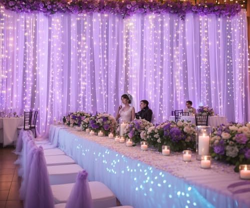 Lavender Tulle Photo Backdrop Curtain with Lights String for Parties Wedding Bridal Shower Sheer Lavender Curtain Backdrop for Birthday Party Baby Shower Photo Booth Photography 20ft x 10ft - Image 5