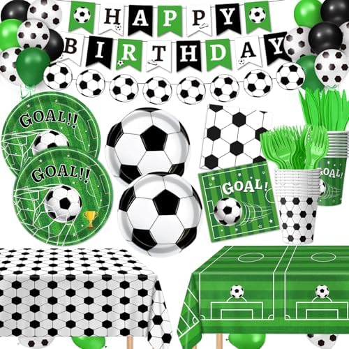 170 PCS Soccer Party Decorations, Soccer Birthday Party Decorations - Includes Plates, Napkins, Cups, Banner, Balloons, Tablecloth, Knives, Forks for Sports Soccer Theme Party Decorations, Serve 24 by QIYANPAX