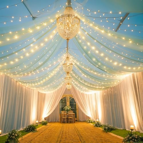 Sage Green Ceiling Drapes with Lights String for Weddings, 6 Panels 5ftx30ft Sheer Tulle Backdrop Photo Background Drapes for Wedding Ceremony Birthday Party Arch Decoration by WishCare