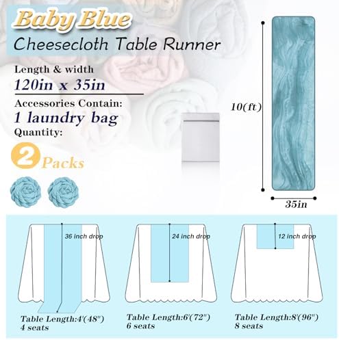 Baby Blue Cheesecloth Table Runner 2 Pack 35" Boho Gauze Cheese Cloth 120 inches Long Rustic Sheer Fabric Bulk for Baby Shower Wedding Bridal Birthday Party Table Decorations - Image 2