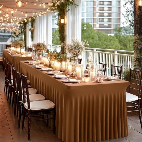 Wish Care 2 Pack Brown Spandex Table Clothes for 8 Foot Rectangle Tables, 8FT Wrinkle Free Fitted Tablecloths Ruffles Design Table Cover for Party, Banquet, Wedding and Events - Image 5