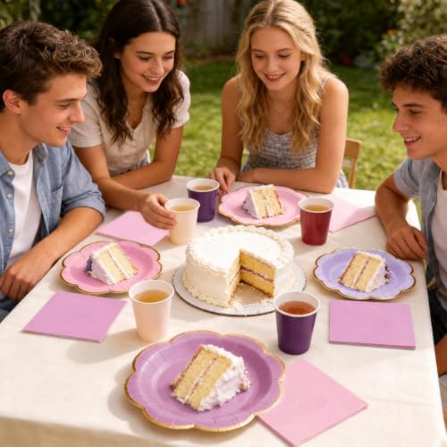OuMuaMua 60pcs Pink and Purple Disposable Paper Plates & Napkins Set for 20 - Image 7