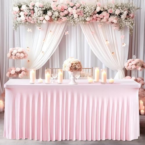 Wish Care 2 Pack Pink Spandex Table Clothes for 6 Foot Rectangle Tables, 6FT Wrinkle Free Fitted Tablecloths Ruffles Design Table Cover for Party, Banquet, Wedding and Events - Image 5