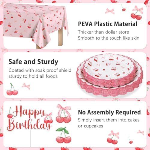 Cherry Birthday Decorations, 182Pcs Cherry Plates Napkins Cups Forks Tablecloth Banner Hanging Swirls Cupcake Toppers and Ballons for Cherries Themed Party Decorations - Image 6