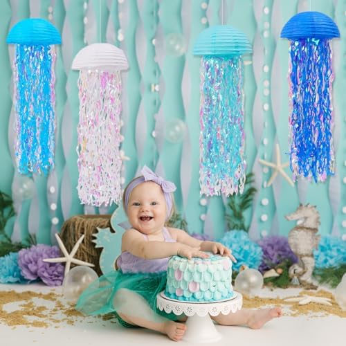 Jellyfish Paper Lanterns Mermaid Party Decorations Pack of 8 - Image 3