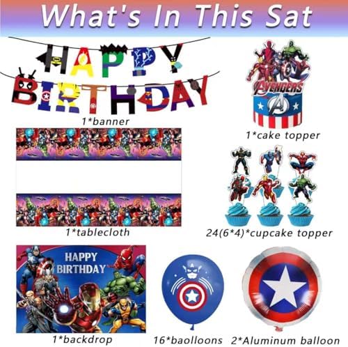 46Pcs superhero Birthday Party Supplies, Avengers Party Decorations Set Include Banner, Backdrop, Balloons, Hanging Swirls, Cake Cupcake Toppers, Tablecloth for Boys Girls Avengers Theme Party - Image 2