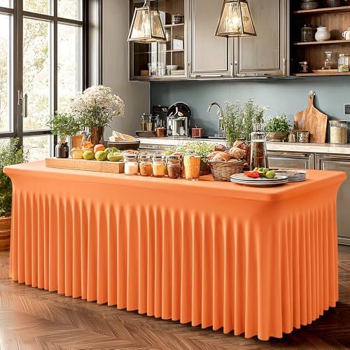 Wish Care 2 Pack Orange Spandex Table Clothes for 4 Foot Rectangle Tables, 4FT Wrinkle Free Fitted Tablecloths Ruffles Design Table Cover for Party, Banquet, Wedding and Events - Image 6