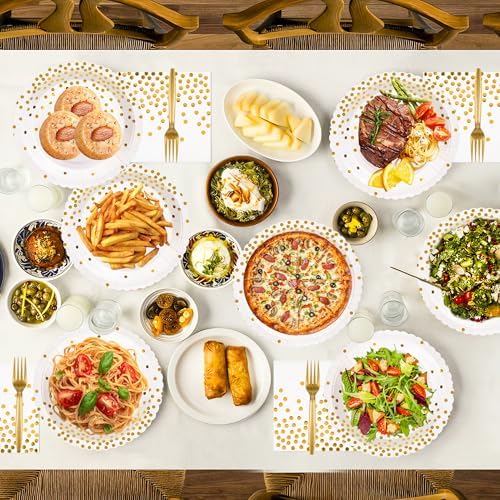 90 Pcs White and Gold Plates and Napkins Party Supplies, Scalloped Gold Polka Dots Tableware Set Include White Gold Dot Cake Dessert Plates, Napkin, Fork for Wedding, Retirement, Birthday, New Year - Image 6
