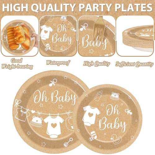 96Pcs Baby Shower Birthday Party Plates and Napkins Neutral Theme Party Supplies Boho Baby Paper Dessert Plates Brown Disposable Tableware for Kids Birthday Baby Shower Decoration Serve 24 - Image 3