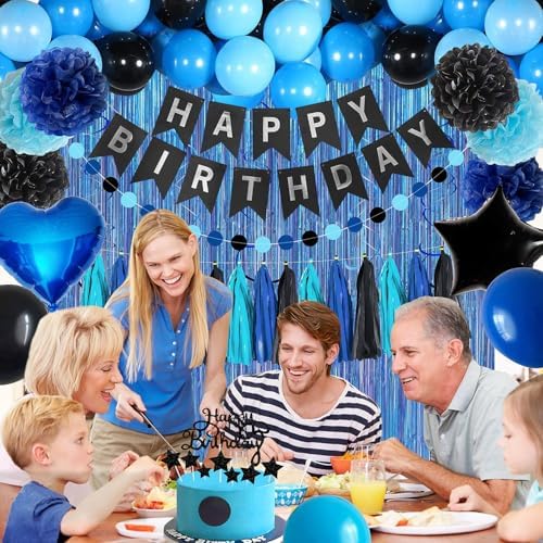 Blue and Black Happy Birthday Party Decorations kit for Boys Men Women with Happy Birthday Banner, Fringe Curtain,Foil Balloons,Cake Topper for birthday decor (blue black) - Image 5