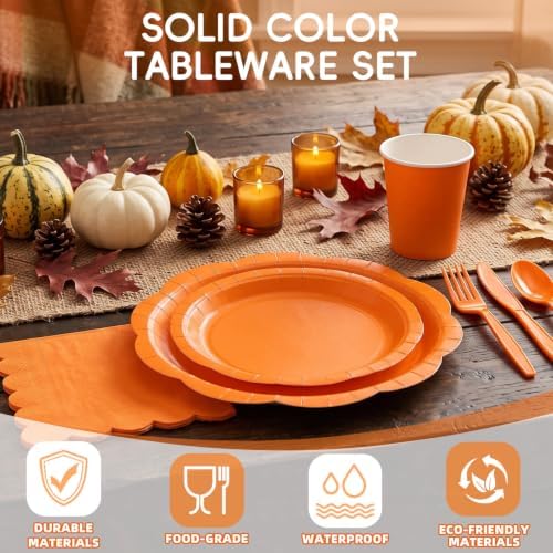 Orange Party Dinnerware Set, 175 Pcs Disposable Decagonal Paper Plates, Cups, Napkins and Plastic Cutlery, Serves 25 for Halloween, Thanksgiving and Fall Parties - Image 3