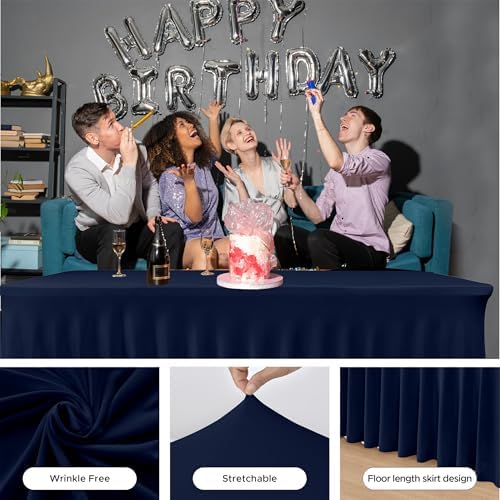 2 Pack Navy Spandex Table Covers 6ft Rectangle Ruffle Skirts for Party - Image 4