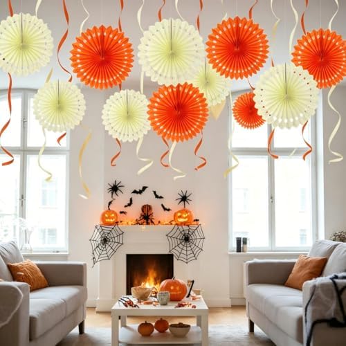 12PCS Orange and Beige Paper Fans Party Decorations,Hanging Ceiling Honeycomb Round Tissue Paper Fans for Sunset Autumn Birthday Wedding Party Decorations - Image 2