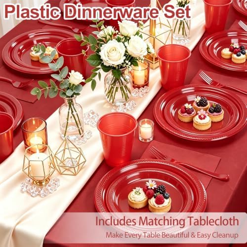 Red Plastic Party Plates Set 30 Guest Disposable Red Party Supplies - Image 2