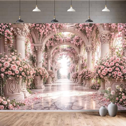 10X6.5ft Pink Rose Floral Wedding Backdrop European Palace Style Flower Arch Party Decortions Photography Background Anniversary Birthday Baby Shower Girl Party Portrait Photo Booth Props Wall Decor - Image 6
