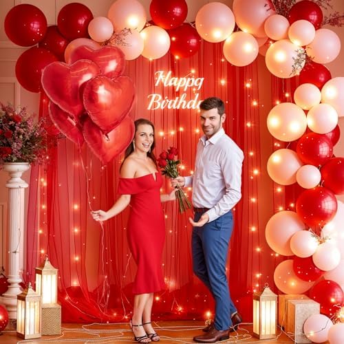10x10ft Red Tulle Backdrop Curtain with Lights String for Parties, Sheer Photo Backdrop Drapes for Wedding Baby Shower Birthday Party Valentines Photo Shoot Decorations - Image 7