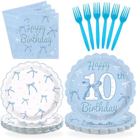 96Pcs Blue Bow 10th Birthday Party Decorations, Serves 24 by Greencian