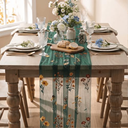 Artoid Mode Wildflower Dark Green Embroidery Table Runner 120 Inch 10FT - Image 2