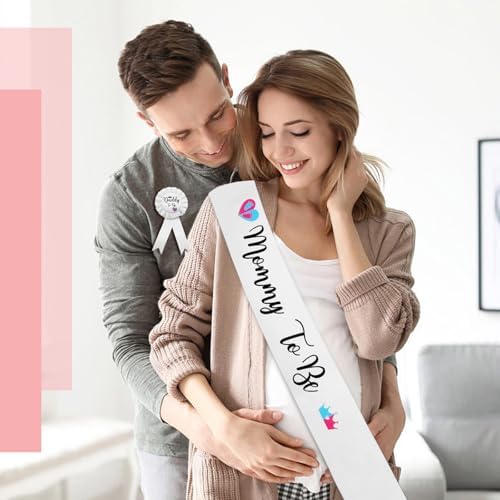 MILVOWOC 2 Pack Baby Shower Sash Set - White Satin Mommy to Be Sash & Daddy to Be Badge, Gender Reveal Gift & Pregnancy Party Decorations with Adjustable Ribbon, Baby Shower Decor - Image 6