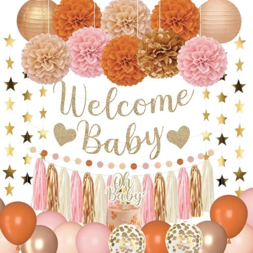 Amandir Orange Pink Fall Baby Shower Decorations Welcome Baby Banner by Amandir