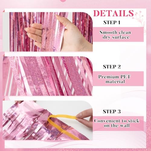 Breling 4 Pcs Iridescent Pink Ceiling Fringe Curtains, Foil Drapes, 15 ft - Image 4