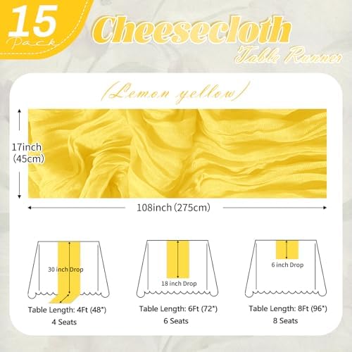 15 Pack Lemon Yellow Cheesecloth Table Runner 17 x 108 inch Cheese Cloth Table Runners 9ft Yellow Table Runner Rustic Romantic Sheer Gauze Runner for Wedding Party Baby Shower Table Decoration - Image 2