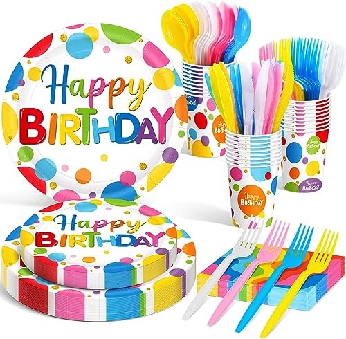 Meanplan 168 Pcs Happy Birthday Plates Napkins Tableware Set 24 Guest by Meanplan