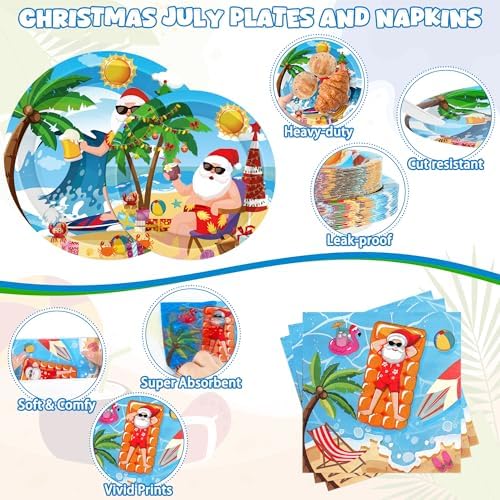 QZYL 122Pcs Summer Christmas Decorations, Tropical Beach Plates Party Supplies, Disposable Xmas in July Plates, Napkins, Cups, Forks and Tablecloth for Beach Pool Party, Serves 30 Guests​ - Image 4