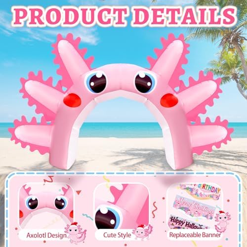 10x16FT Axolotl Inflatable Arch, Giant Pink Axolotl Birthday Party Backdrop Outdoor Yard Cartoon Archway Blow-Up Decoration with 1Blower 3Banners for Summer Beach Pool Party Supplies - Image 4