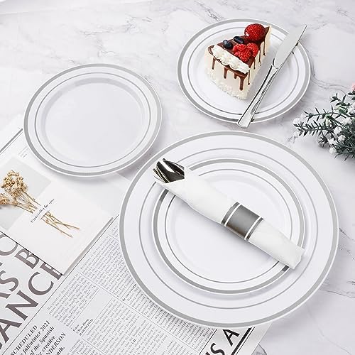 BESTVIP 350 Piece Silver Plastic Dinnerware Set for 50 Guests - Image 3