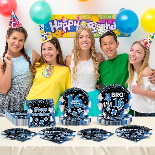 Qyeahkj 100 Pcs 16th Birthday Decorations for Boys Official Teen Supplies Plate Napkin Forks Set Disposable Blue 16th Birthday Tableware Paper Plates Dinnerware for Kids Teenager Favors Serve 25 - Image 5