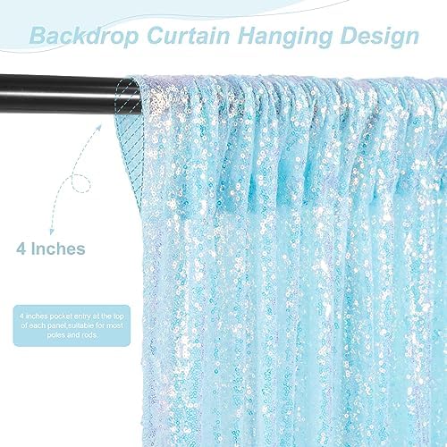 Sequin Backdrop Curtains 4 Pieces 2ftx8ft Mermaid Blue Sparkly Background Fabric for Under The Sea Little Mermaid Birthday Party - Image 4