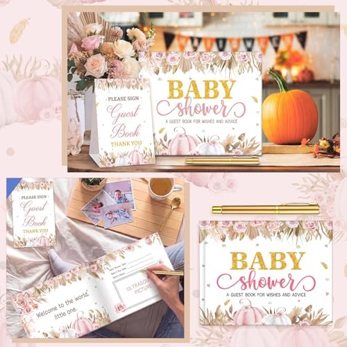 Fuyoooo 27 Pcs Pink Little Pumpkin Baby Shower Guest Book Baby Shower Sign - Image 4