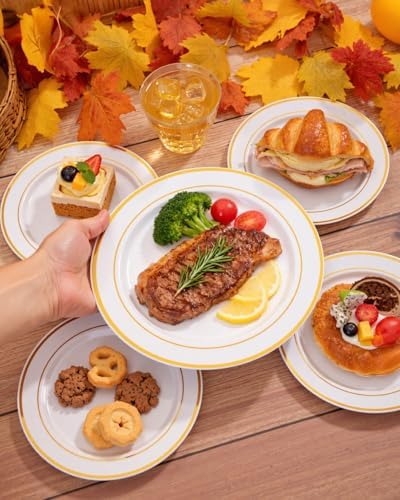 bUCLA 150PCS Gold Plastic Plates Disposable - Heavy Duty Gold Plates Include 25 Dinner & 25 Dessert Plates,25 Forks,25 Knives,25 Spoons&25 Cups for Party, Thanksgiving, Fall Harvest & Autumn - Image 5