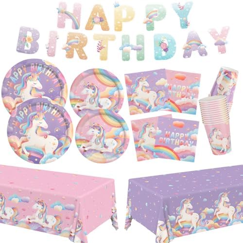 Unicorn Birthday Decorations Kit for Girl 24 Guests - for Unicorn Decorations, Includes Dinner & Dessert Plates, Napkins, Cups, Banner and Tablecloth for 1st Birthday Party Decorations by Gatherfun