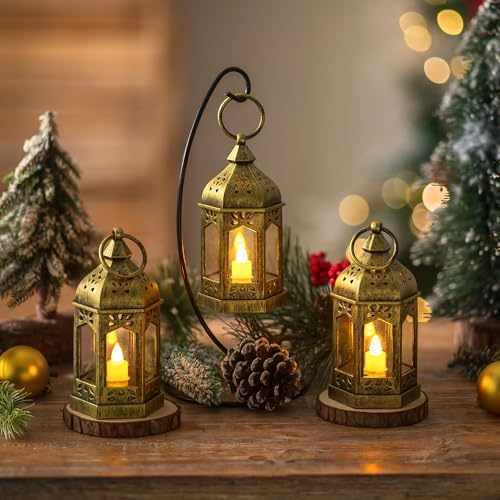 Mini Lantern with Flickering LED Candles Set of 20, Hewory Gold Vintage Decorative Hanging Candle Lanterns for Halloween, Christmas, Wedding Decorations, Party, Table Centerpiece, Battery Included - Image 5