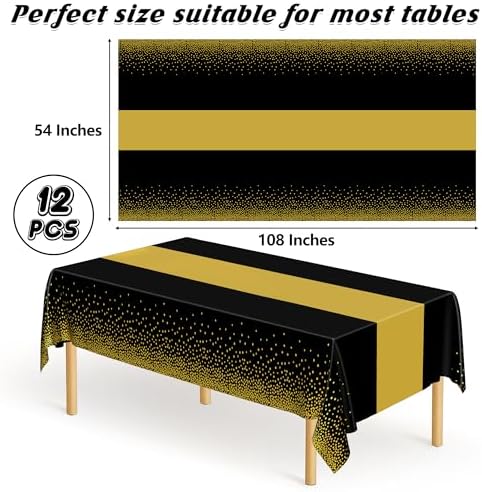 QZYL 12Pack Plastic Table Cloth Disposable, 54" x 108" Waterproof Black Table Cloths with Gold Dots, Outdoor Tablecloth for Rectangle, Table Cloth Cover for New Years Eve Decorations Holiday Birthday - Image 2