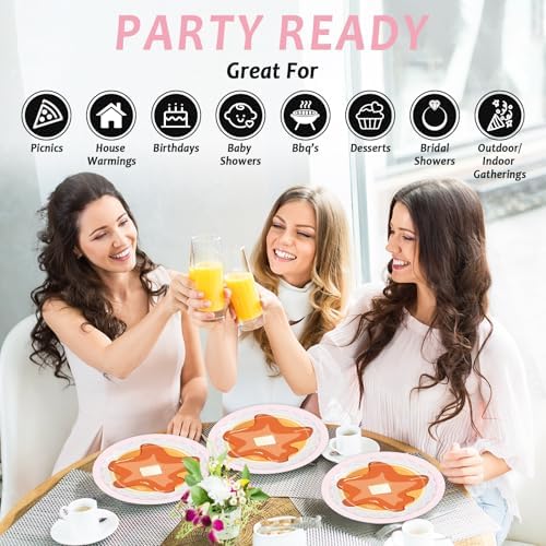 96Pcs Pancakes and Pajamas Paper Plates and Napkins Pajama Brunch Birthday Party Decoration Girls Pink Night Sleepover Dessert Plates Spa Party Cake Tableware Set for 24 Guests Slumber Party Supplies - Image 6