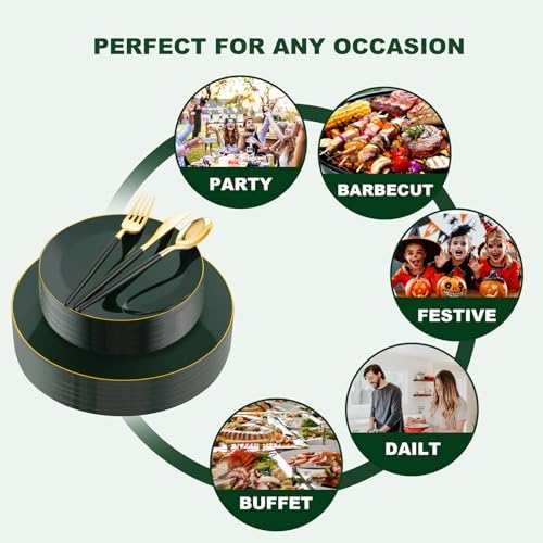 Liacere 150PCS Green Plastic Plates - Gold Plastic Silverware with Green Handle - Heavy Duty Fancy Plastic Plates Disposable Include 30 Guests Plates, Forks, Spoons, Knives for Wedding & Party - Image 2
